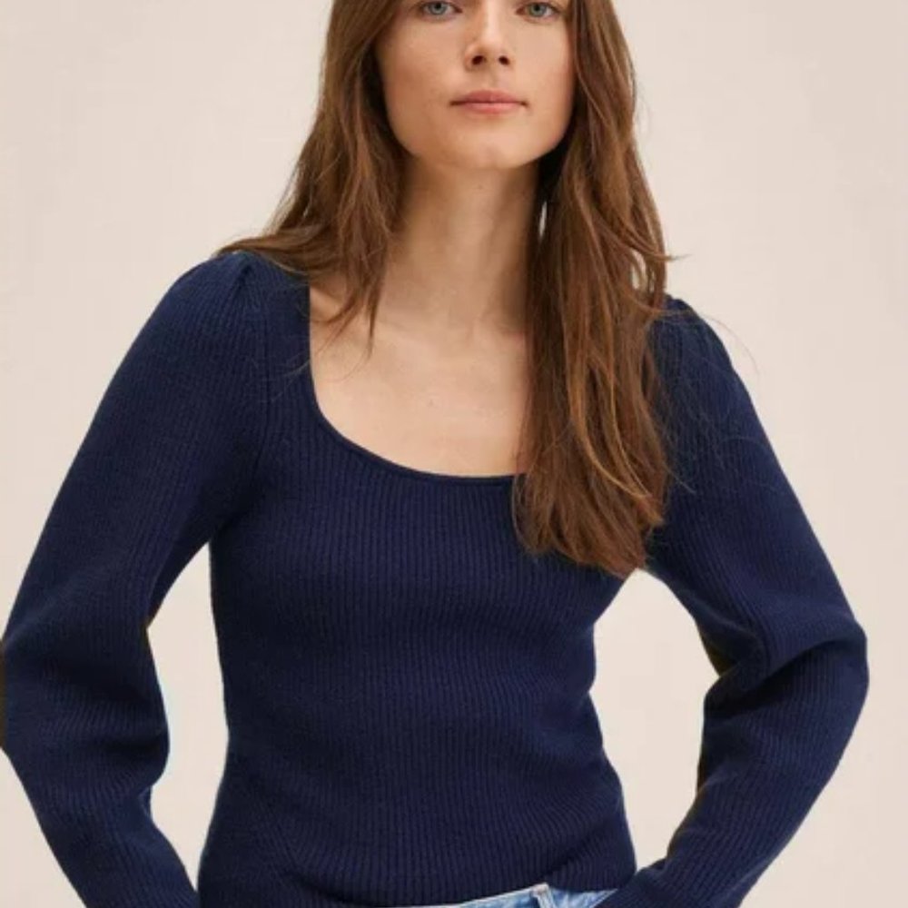 MANGO Ribbed Knit Sweater - Navy - Size L